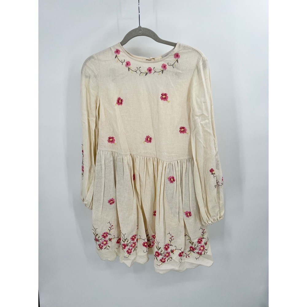 Caroline Constas Cream Linen Cross-Stitch Floral Mini Dress — NWT, Size XS